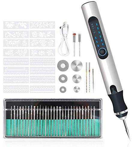 Penna elettrica per incisione, set di strumenti per incisione, senza fili, con punte e stencil per intagliare vetro, legno, metallo, pietra, chiodi, ceramica (argento-2)