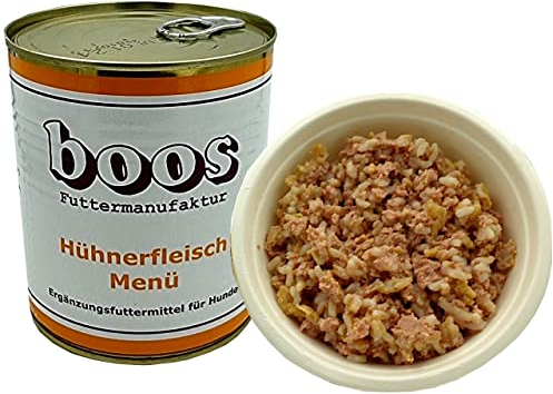 Boos-Hühnerfleisch-Menü 2 x 800g (insg. 1,6kg) Hundefutter, Nassfutter, Hühnerfleisch (70%) Reis, Kein Zusatz von Aroma-, Farb-, BZW Konservierungsstoffen, Emulgatoren, Stabilisatoren oder Salz