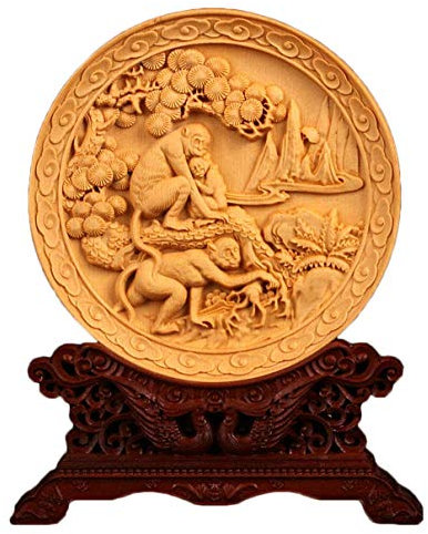 Natürlicher Buchsbaum, Geschnitzte Fengshui-Faltwand-Saler-Statue (Monkey Pine)