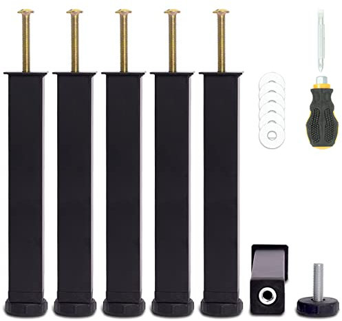 Pied de Lit, Pieds pour Sommier à Lattes Universel | Hauteur: 22cm(+2cm) Reglable | Design: Noir Metallique | Carré: 3x3 cm | avec Boulons M8×60mm | pour les cadres avec trous pré-percés | Lot de 6