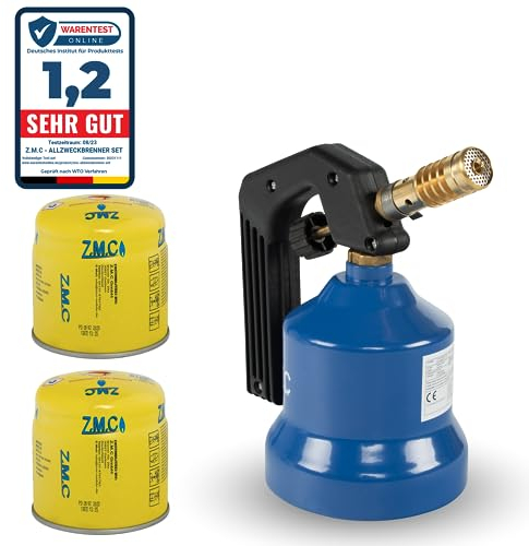 Z.M.C Gasbrenner 2,2 kW + 2 Gaskartuschen 190 g, Flambierbrenner, Bunsenbrenner, Küchenbrenner mit einstellbarer Flamme, Brenneraufsatz für Camping, Lötbrenner, Lötlampe zum Weich- oder Hartlöten