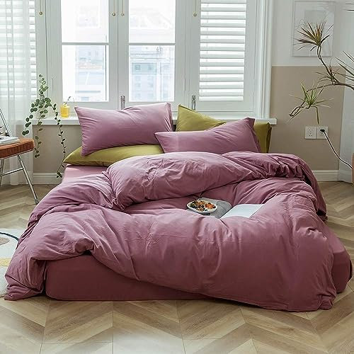 AMWAN Set di biancheria da letto in jersey di cotone lavorato a maglia, 3 pezzi, colore malva, 1 copripiumino viola con 2 federe