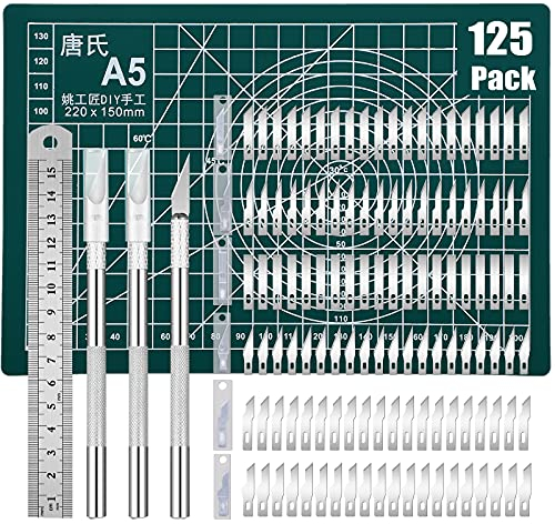 Yearnlife Craft Cutting Stencil Knife Set and A5 Cutting Mat, Art & Craft Blade Cutting Exacto Knifes Cutting Rulers Tools for Art Hobby Craft 125 Pcs