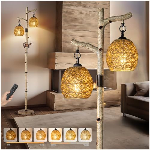 68.5 Rustic Farmhouse Remote Control Switch Birch Tree Floor lamp with Bird Nest Lantern Shade Vintage Standing Lamp for Living Room Bedroom Hotel Bar Office Wood House(Bulb Included)