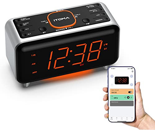 iTOMA Radio Alarm Clock with App Control, Bluetooth, FM Radio, Dual Alarm of 4 Alarm Modes, Snooze, Dimmer, Night Light, USB Charger Port CKS208