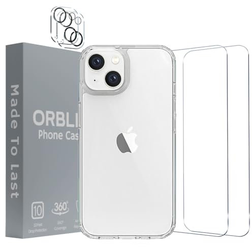 Orblix 5 in 1 Clear Case For iPhone 15 - Case + 2 Screen Protectors + 2 Camera Protector-Anti Yellow German Coating with Military Grade Drop Protection-Case for iPhone 15 6.1 inch(2023)