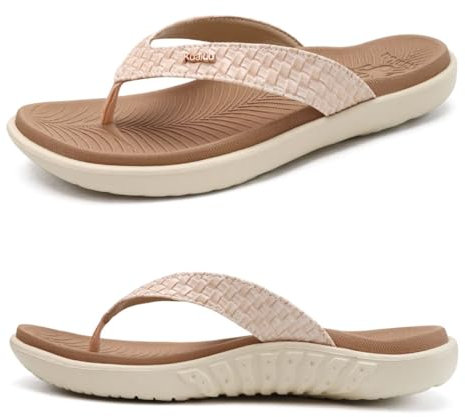 KuaiLu Beige Blanc Tongs Femmes Sandales en Cuir de Mode été Avec Support de Orthopédique Tongs de Plage et Claquettes de Piscine Taille 40EU