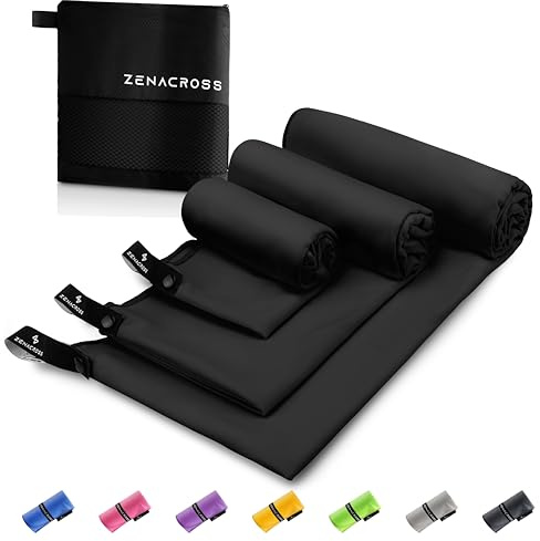 Zenacross Serviette Microfibre (Set de 3) avec Sac de Transport - Serviette Sport Compacte, Séchage Rapide et Absorbante S, M, L - Noir