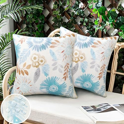 LRartdeco Wasserdicht Kissenbezug 40x40 Boho Kissenbezüge Blau Dekorativ Sofakissen Leinen Kissenhülle 2er Set Modern Blumen Blätter Kissenhülle für Draußer Balkon Outdoor Garten Sofa Deko
