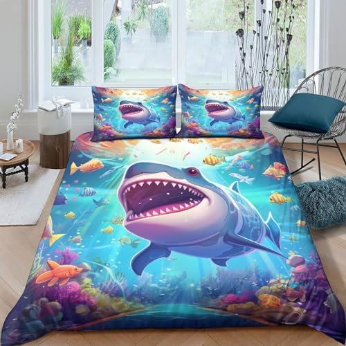 quiltcover Haie Bettwäsche 3D Bettbezug Set Mit Reißverschluss Und Kissenbezug, Mikrofaser Bettbezüge 3 Teilig Für Erwachsene Kinder King(220x240cm)