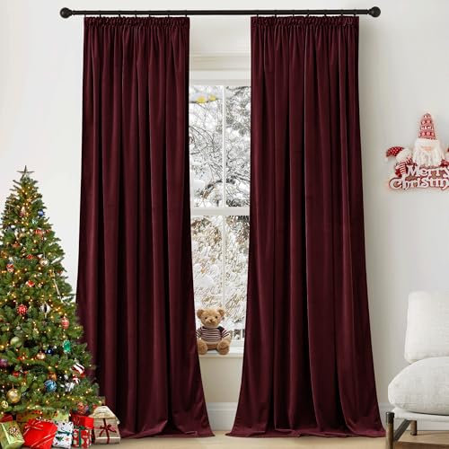 PONY DANCE Samt Gardinen Wohnzimmer Weihnachtsdeko Thermovorhang mit Kräuselband 2er Set Abdunkelde Vorhänge Samt Rot Thermogardine Kälteschutz Velvet Curtains Living Room, H 240 x B 132 cm