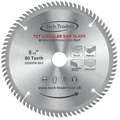 Tech Traders TCT Circular Wood Saw Blade 160mm x 20mm x 80t for Festool TS55 Bosch Makita Dewalt Fits 165mm Saws