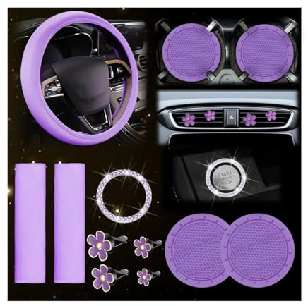 JNNJ 10 Stück Lenkradabdeckung, Lenkradabdeckung Für Frauen, Niedliches Autozubehör-Set, Mit Sicherheitsgurt, Schulterpolstern, Getränkehaltern, Für Frauen Und Mädchen Auto-Innenraum Anzug(Lila)