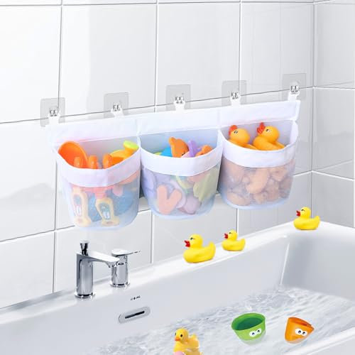 WEXFFU Bath Toy Storage Net - Bath Toy Holder,Bath Toy Organiser,Bath Toy Storage Net Bag,Bathroom Toy Storage with 3 Horizontal Large Openings Pockets&5 Strong Self Adhesive Hooks