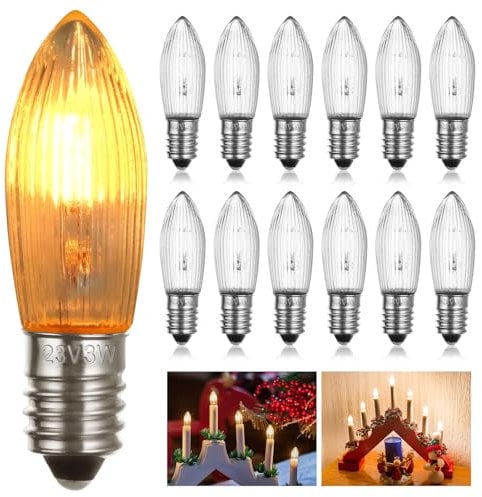AUAUY 12 Stück E10 23V 3W Ersatzbirnen Glühbirne Topkerzen, Warmweiss 2200K Topkerze Spitzkerze Ersatzlampen, Schwibbogen Kerzenlampe für Lichterkette Christbaumbeleuchtung