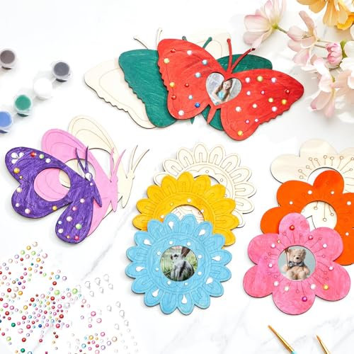 Namalu 12 Stück Holz Bilderrahmen Bastelset Schmetterling und Blume mit Edelsteinaufkleber DIY Bilderrahmen Anhänger Schmetterling zum Basteln für Deko Handwerk Geburtstag Ostern Geschenke