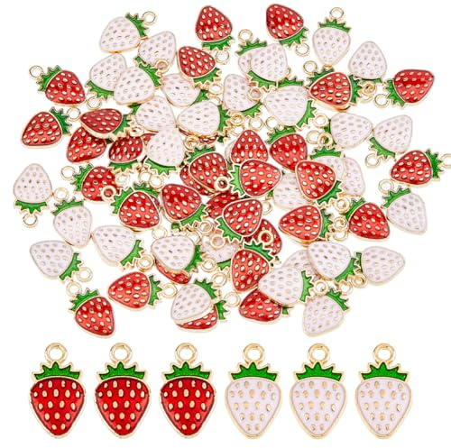 SUPERFINDINGS 72 Stück 2 Farben Rot Rosa Erdbeer Anhänger Legierung Erdbeer Anhänger Emaille Obst Anhänger Erdbeer Zubehör Obst Flatback Charms Für DIY Schmuckherstellung