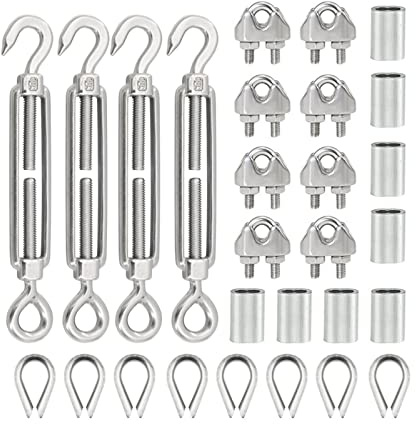 CEHJZQRPL 304 Stainless Steel Rope Tensioner, Spannschloss aus 304-Stahl, M5-Drahtseil-Spannspanner und M3-Drahtseilklemmen for 1/8-Zoll-Geländer-Kit, Hardware-Zubehör