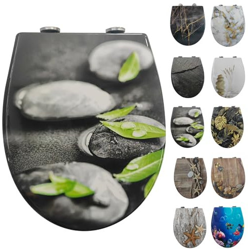 Toilettendeckel mit Absenkautomatik, WC Sitz mit Absenkautomatik Oval Form klodeckel Einfache Reinigung, Abnehmbarer WC-Sitz, 150kg belastbar, einfache Montage – Motiv: Blätter