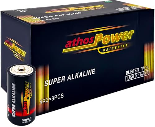 ATHOS POWER Pack de 8 Pilas Alcalinas LR20 Tipo D de 1,5V – Alta Potencia y Larga Duración, Ideal para Dispositivos de Gran Consumo como Linternas, Radios, Juguetes Electrónicos y Más, Sin Fugas