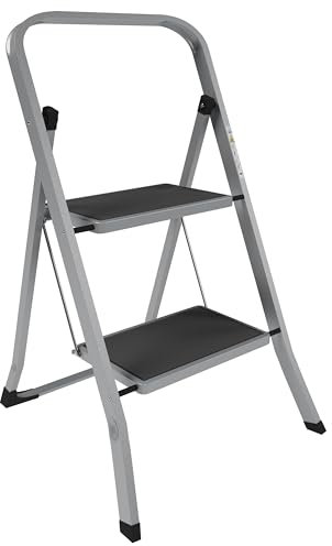 Home Vida Escalera de 2 peldaños con Alfombrilla Antideslizante, Marco de Acero, Gris, escalones Anchos, Capacidad de 150 kg, 83 cm de Alto x 47 cm de Ancho