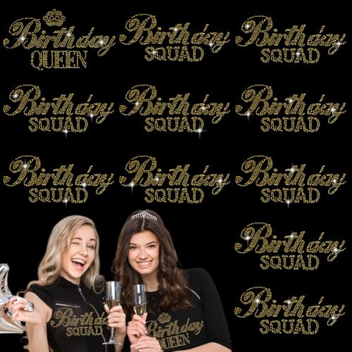 PH PandaHall 11pcs Birthday Queen Squad Iron on Transfers Gold Glass Rhinestone Iron On Transfer Decal Rhinestone Bling Patch Heat Transfer Sticker for Women Birthday Party T-Shirts Hat Jacket Jeans