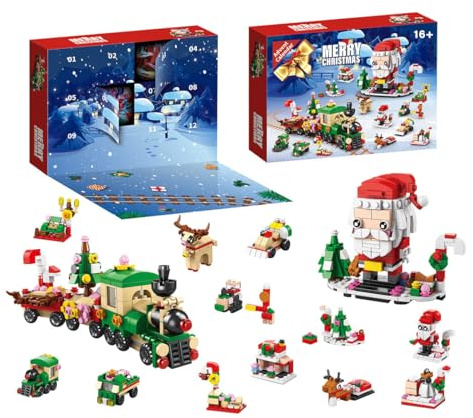 Rxbycxshi Adventskalender 2025 Weihnachtskalender mit Weihnachtsmann, Elch, Zug, Schlitten, Weihnachtsbaum Klemmbausteine Bausatz Geschenk für Kinder Erwachsene, 24 Countdown Weihnachtskalender