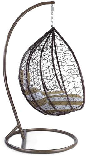 RAMROXX Luxus Hängesessel Miami XL Polyrattan mit Korb Gestell braun Kissen Braun Weiss
