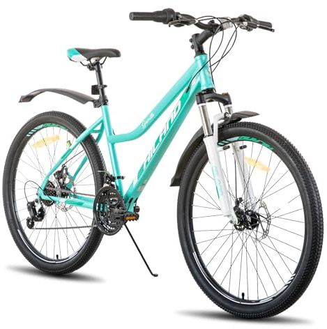 HILAND Bici da Montagna Donna 26 Pollici, 21 Velocità, Forcella Ammortizzata, Freni a Disco, Telaio in Acciaio al Carbonio, Design a Cavallo Basso, Verde Menta