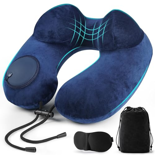 Nackenkissen Flugzeug, Nackenkissen Aufblasbar, Verstellbares Tragbares Reisekissen Flugzeug, Ergonomisches Nackenhörnchen, Travel Pillow mit Augenmaske,Tragetasche, Upgrade-Version (Dunkelblau)