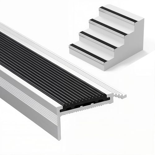 Aluminium Treppenkantenprofil 100 cm, Rutschfeste Treppenschutzleiste mit Gummieinlage, Schwerlast Anti-Rutsch Stufenkante für Innen-, Außen- und Gewerbetreppen(5x2cm/1.97x0.79in)