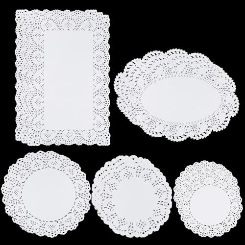 150 Stück Tortenspitze, 5 Größen Spitzenpapier für Kuchen Tortenunterlage Rund Küche Backpapier Tischset Papier für Geburtstag Hochzeit Party Kuchen Pizza Pappteller, Weißes (Kreis, Oval, Rechteck)