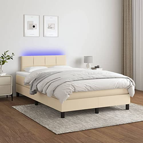 Qnhdfrt Boxspringbett Creme 120x200 cm mit Matratze & LED, Höhenverstellbares Kopfteil, Taschenfederkern Unterbau, Modernes Schlafsofa Design for Schlafzimmer und Gästezimmer