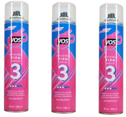 VO5 Invisible Firm Hold Hairspray, Hold Level 3, Root-to-Tip Volume, Coconut Fragrance, 400ml, Pack of 3