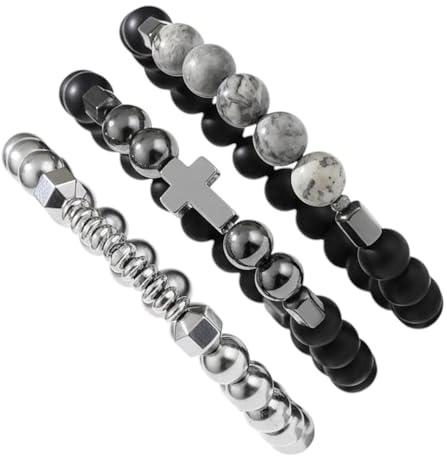 Karma NH10319221 Armbandset Schwarz Silber Herren Edelstahl Lavaperlen dehnbar modern Armband Geschenk für ihn Steinarmband Perlenarmband Set