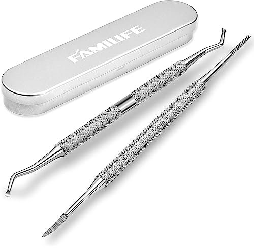 FAMILIFE Lima y elevador de uñas encarnadas, 2 piezas de herramientas de uñas encarnadas de doble cara con estuche de almacenamiento, corrector profesional 100% acero inoxidable, kit de pedicura
