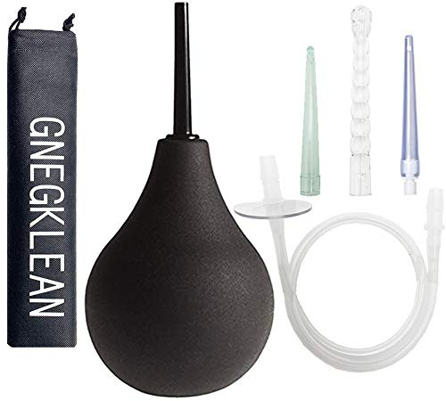 GNEGKLEAN Black Silicone Enema Bulb Kit 7.6oz Clean Anal Douche for Men Women with 19.7in Hose+4 Replaceable Nozzle (Black)