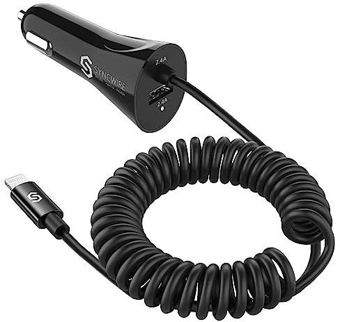 Syncwire iPhone Car Charger - Upgrade [Apple MFI Certified] 4.8A/24W Car Charging Adapter with Built-in Coiled Lightning Cable for Apple iPhone 14/13 Pro/12/11/Xs/XS Max/XR/X/8/7/6s/6 Plus, iPad