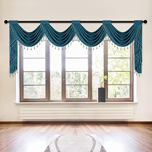ELKCA Chenille-Volant, Pfau, für Wohnzimmer, 4 Hohle Schabracken, Querbehang für Schlafzimmer, Stangendurchzug, 1 Vorhang