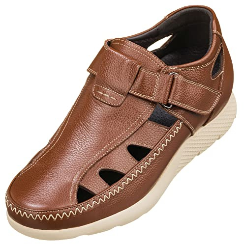 CALTO Men's Invisible Height Increasing Elevator Shoes - Brown Premium Leather Lightweight Fisherman Sandals - 2.8 Inches Taller - K2133 - Size 10 D(M) US