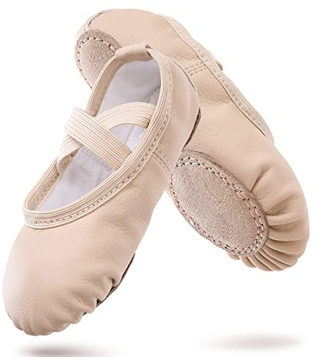 Zapatos de ballet para niñas de cuero con suela de piel dividida Ballettschläppchen para gimnasia y zapatos de baile para niños y damas, beige, 24 EU