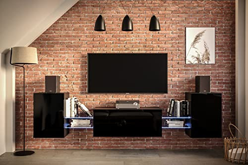 Furnitech Wohnwand Wohnzimmer | Wohnzimmer Möbel mit LED RGB - 16 Farben | Hängend Wohnwand Modern | Wohnzimmer Schrankwand mit Regale und TV Schrank (AN93-21B-HG1-1A)