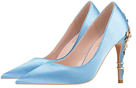 JOEupin High Heels Damen-Pumps mit spitzem Zehenbereich, Satin-Pumps mit Stiletto-Absatz, Braut-Partykleid, Abend- und Hochzeitsschuhe für Damen, blau, 34 EU