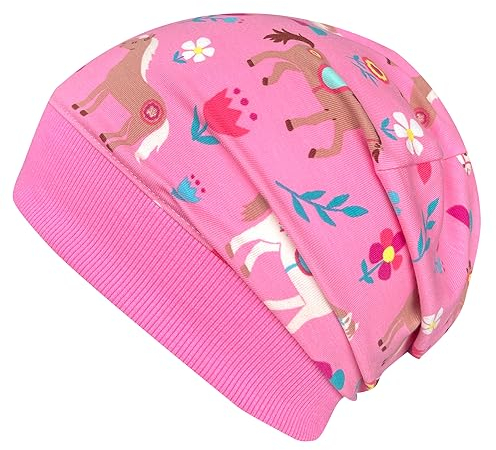 Wollhuhn ÖKO Leichte Mädchen/Jungen Beanie-Mütze Bündchen Elastisch Übergangszeit/Sommer Kinder-Mütze Baumwolle (Öko-Stoffe, Bio) 22222235 (Pony/Pferde Rosa, M)