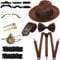 1920er Herren Kostüm Zubehör Set Roaring Retro Gangster Kostüm, Hut, Fliege, Krawatte, Taschenuhr, Hosenträger, Brille, Bart, Ärmelhalter, Krawattenklammern (Zart Stil, Braun)