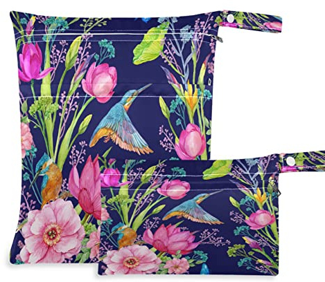 Wiederverwendbare Stoffwindeln für Babys, Kolibri, Lotusblüte, mit 2 Reißverschlusstaschen, wasserdichte Reisetasche, Strand, Pool, Turnbeutel für nasse Badeanzüge, Toilettenartikel, Schwimmtasche, 2