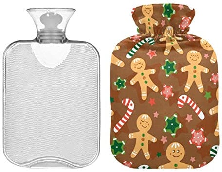 Christmas Gingerbread Men Hot Water Bottle with Cover, 1L Winter Warm Transparent Hot Water Bag Portable Hot Water Bottles for Menstrual Cramps, Neck and Shoulder Pain Relief