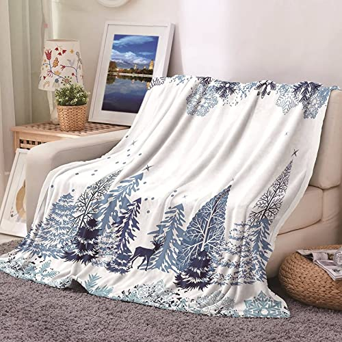 Stfery Kuscheldecke Oma, Kuscheldecke Weiß Muster Flanell Blau Kiefern-Schneeflocken Im Winter Flanelldecke Blanket 180x220CM Wohndecke Sofa Bett