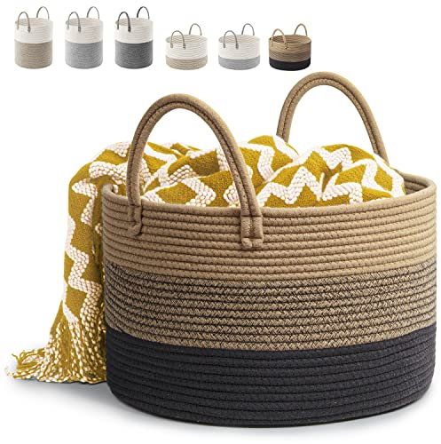 Rieeyrslza Cesta de Cuerda de Algodón D40 x H25 CM Plegable Cestas de Lavandería Tejidas 32L Cesta de la Manta Cestos Almacenaje Decorativas Cesta Para la Ropa Sucia para Almacenamiento (Marrón Mixto)