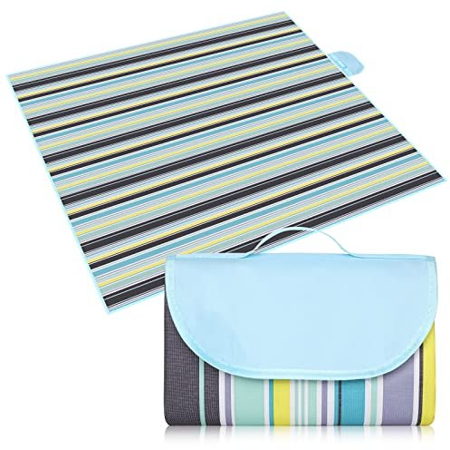 Eucomir Couverture de Pique-Nique 200 * 200CM, Tapis de Couverture de Pique-Nique Pliable, Imperméable,Le Parc, La Randonnée, Le Camping, Idéal pour Les Voyages en Famille,Rayures Bleues